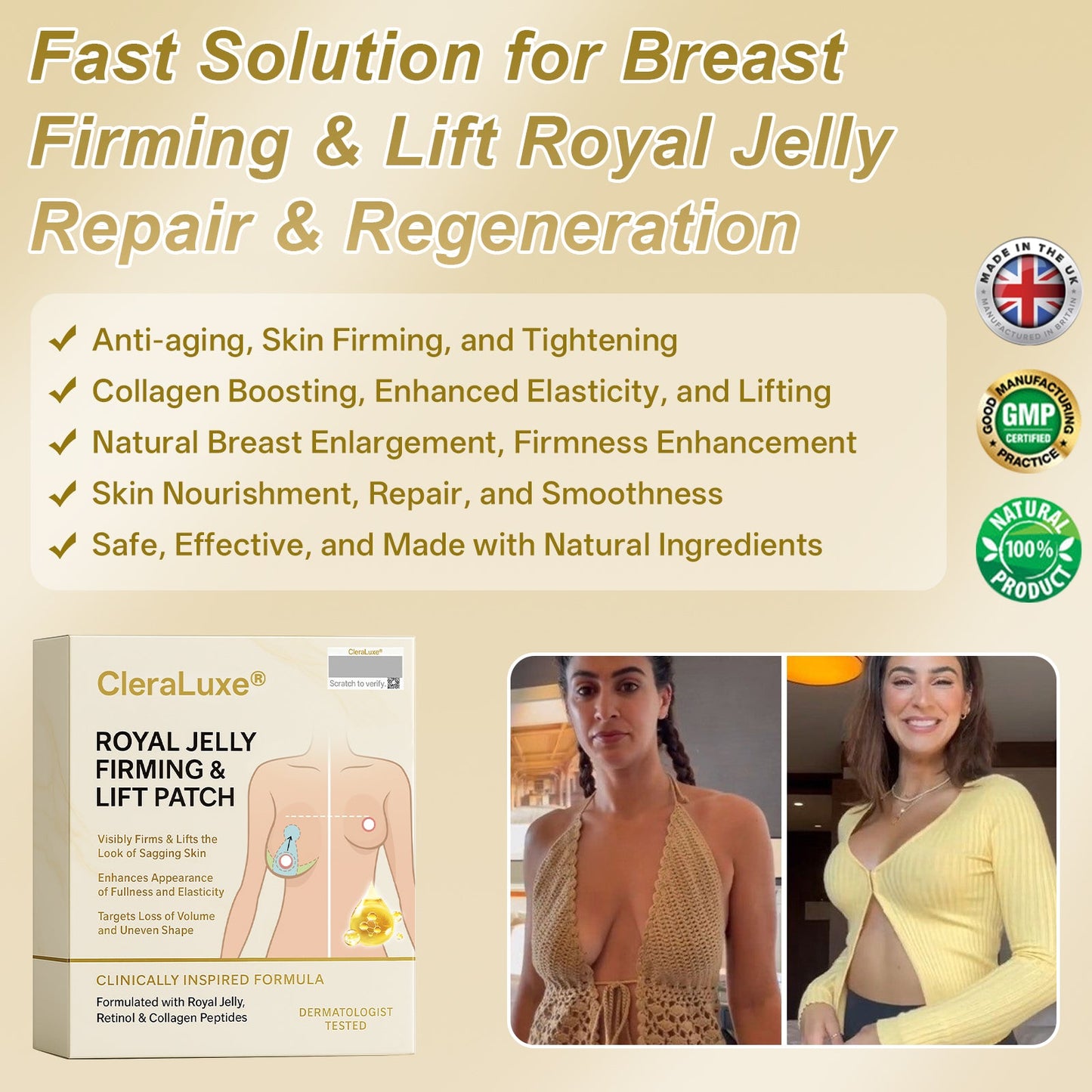 Official Online Offer | CleraLuxe® 💎 ROYAL JELLY FIRMING & LIFT PATCH - Safe to use during breastfeeding – suitable for concerns such as underdeveloped breasts, sagging, flatness, skin creasing, and nipple pigmentation.
